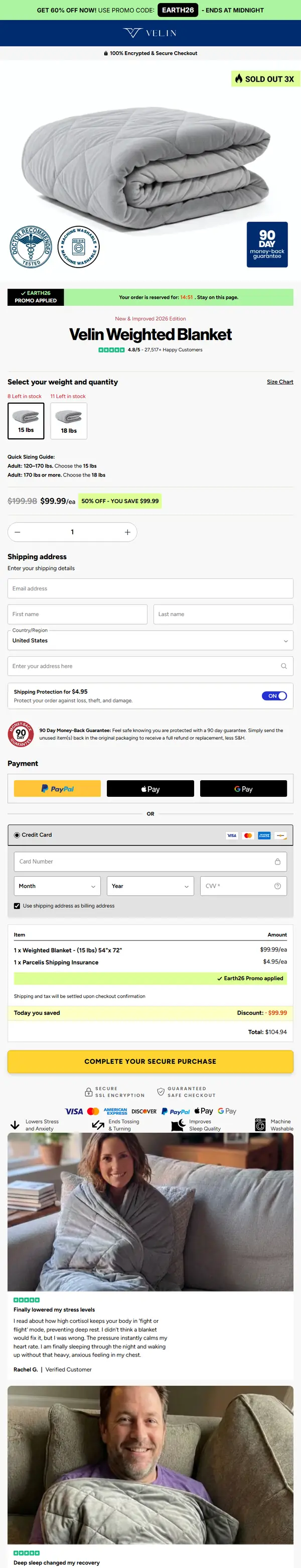 Full-length screenshot of the Velin Weighted Blanket official checkout page, from the 15 lb and 18 lb weight selection and 50 percent off price through the shipping address, shipping protection toggle, payment options and order summary total