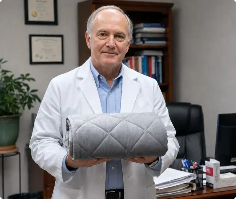 Clinician holding a rolled Velin Weighted Blanket in a consulting room